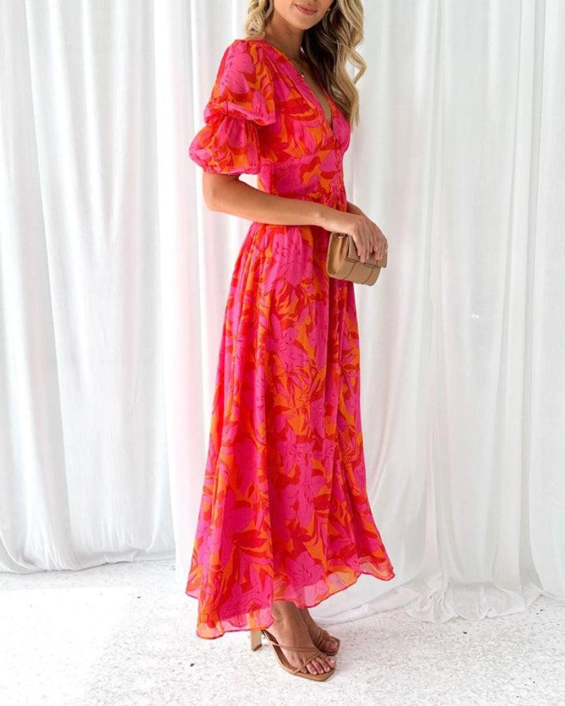 Alva - Elegant maxi dress with puffed sleeves and V-neckline