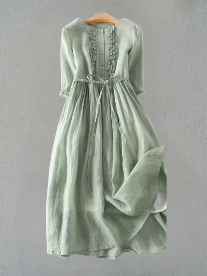 ARIAH | Women's Retro Style Dress with Round Neck and Waist Ties